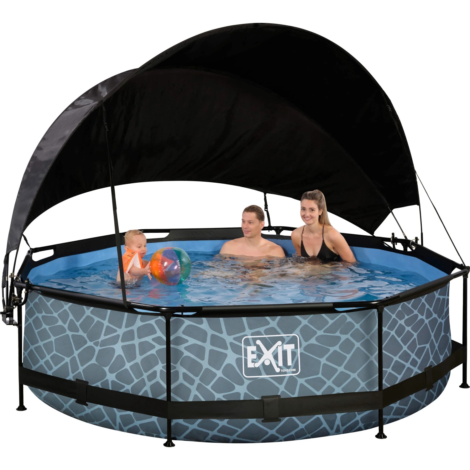 EXIT Stone Pool, grauer Stahlrahmenpool mit Sonnensegel, Familie im Wasser.