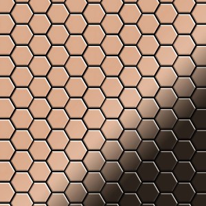 Kupferfarbene Mosaikfliese im Honeycomb-Design aus Metall für Wand und Boden.