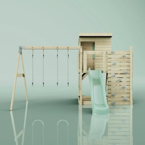 PolarPlay Spielturm Björn mit Schaukel und Rutsche, mintgrün. Spielanlage aus Holz mit Kletterwand.