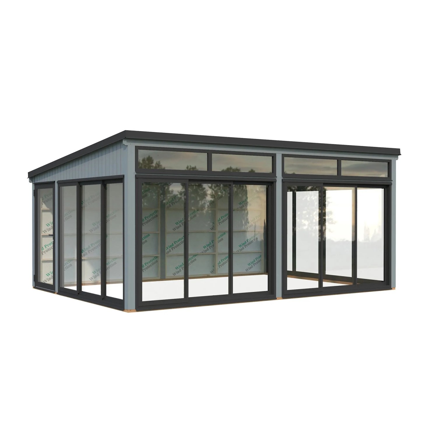 Hellgraues Palmako Holz-Gartenhaus mit Pultdach, 582x420 cm. Modernes Design mit großen Fensterflächen.