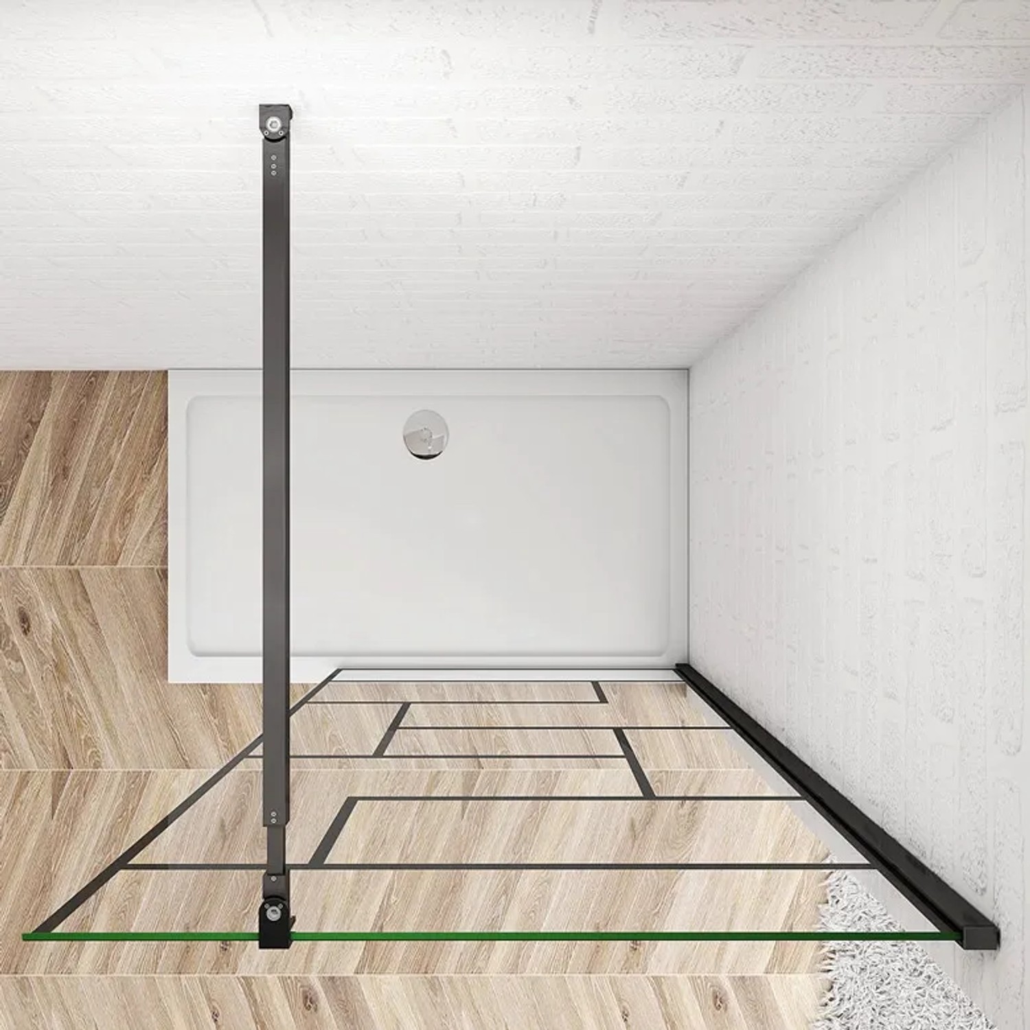 Schwarzes Duschwand-Profil mit Stabilisierungsstange für Walk-In Dusche, ausziehbar.