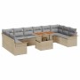Beiges 11-teiliges vidaXL Garten-Sofa-Set aus Rattan mit Tisch und grauen Kissen.