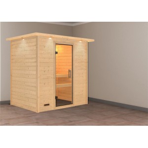 Karibu Sauna Sonja mit Glastür und Dachkranz. Massivholzsauna mit Fronteinstieg und Innenansicht.