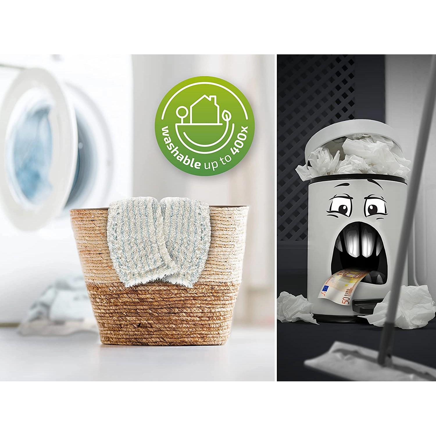 Leifheit Bodenwischer Profi XL Bezug im Korb, waschbar bis 400x, Mülleimer mit Geldschein