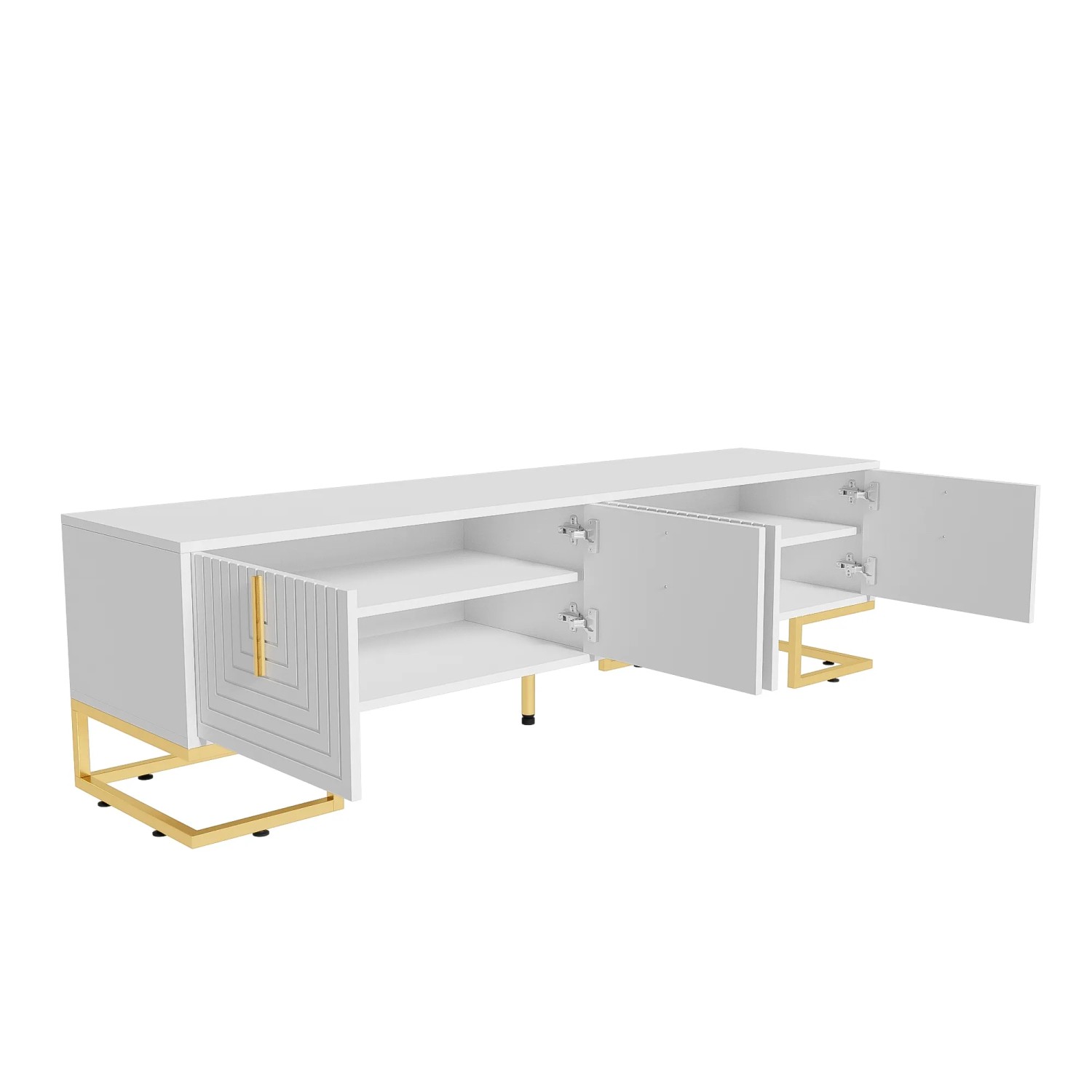 okwish TV Schrank mit Strukturierter Tür Gold Griffe Gold Füße Wohnzimmer 170x40x45.5cm Weiß