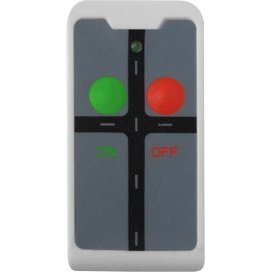 Fernbedienung für 2-fach Außensteckdose mit Erdspieß, Nahansicht der Bedienelemente.