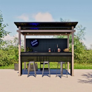 Sojag Outdoorbar Munich in Lichtgrau mit Theke und Barhockern im Garten.