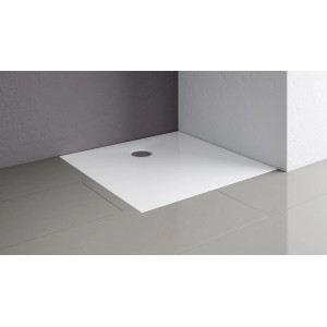 Quadratische, extraflache Schulte Duschwanne, 120x120 cm, Alpinweiß, mit Ablauf in Chromoptik.