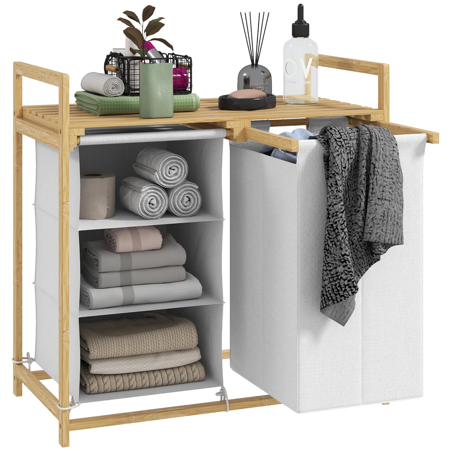 HOMCOM Wäschekorb 83L Bambus Vliesstoff Weiß 70L x 36B x 70H cm