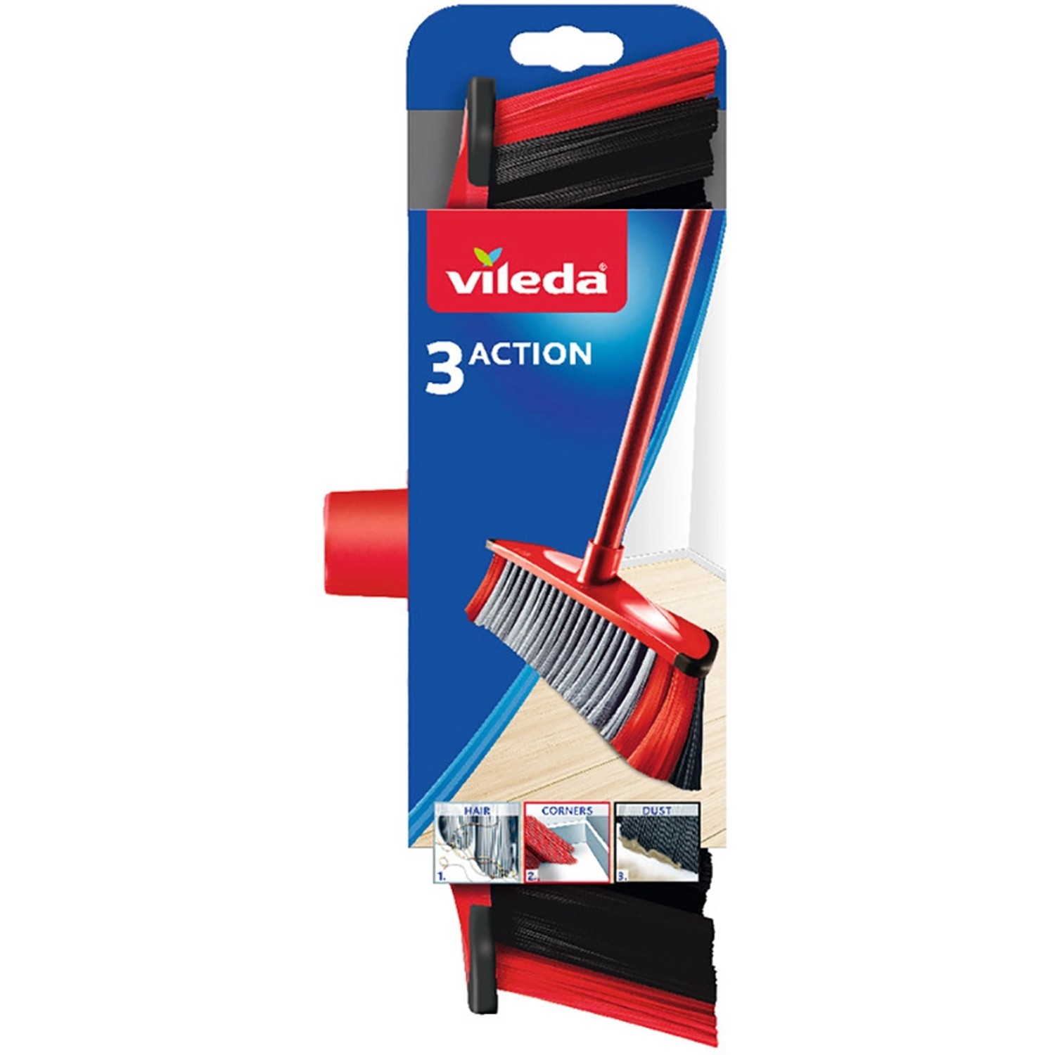 Vileda 3 Action Besen mit roten Borsten und Griff, Reinigungsgerät für Staub, Ecken und Haare.