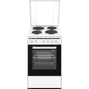 Weißer PKM Standelektroherd EH4-50KPGDQ mit 4 Kochfeldern und geöffneter Backofentür.
