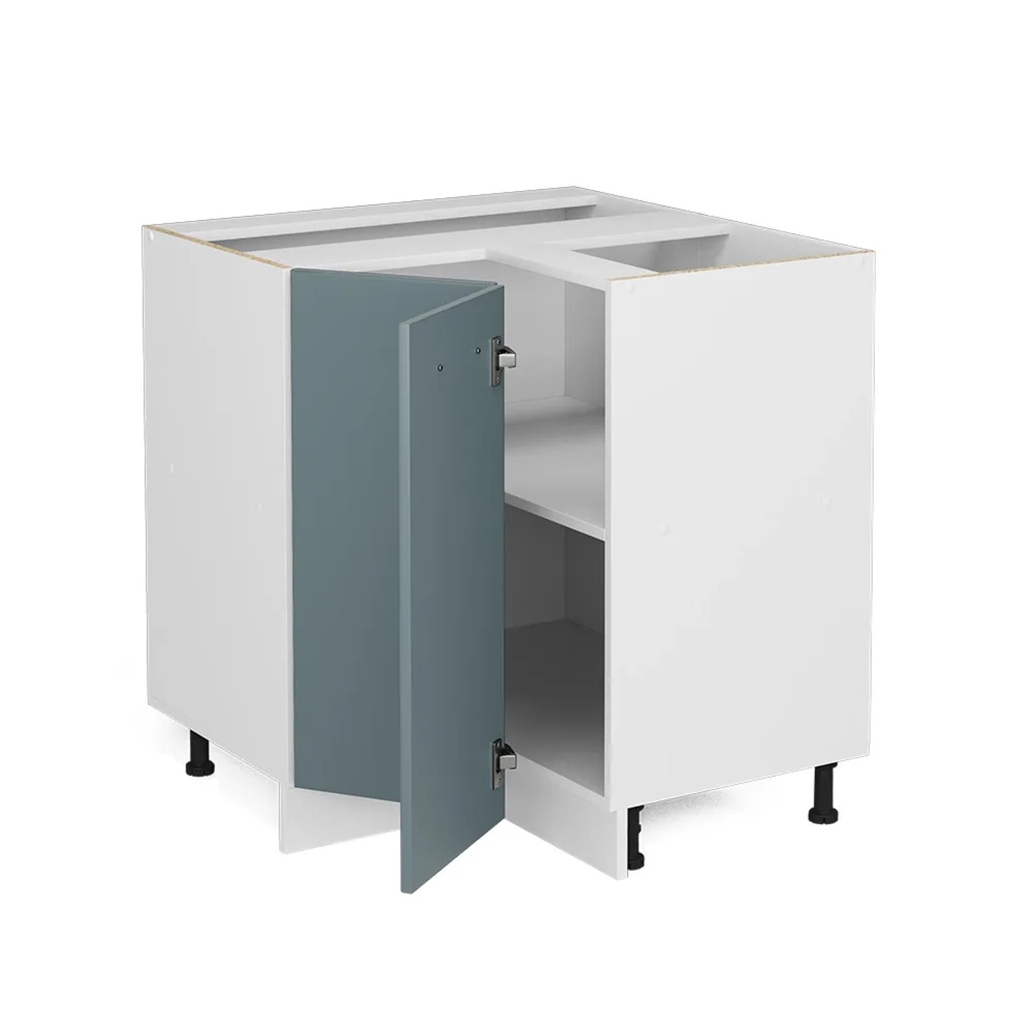 Vicco Eckunterschrank R-Line in Blau-Grau/Weiß, 76 cm, ohne Arbeitsplatte. Küchenschrank mit offener Tür.