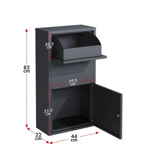 Anthrazitfarbene KARAT Paketbox Clement mit Klappsystem und Schloss, Maße eingezeichnet.