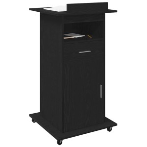 Schwarzes vidaXL Podium in Eichen-Optik mit Schublade, Regal und Rollen. Ideal als Schreibtisch.