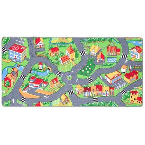Bunter Snapstyle Kinderteppich Little Village (80x160cm) mit Straßen und Häusern.