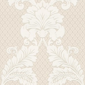 Elegante, beige Barock Tapete mit floralem Muster und Echtflock für Wohn- und Schlafzimmer.