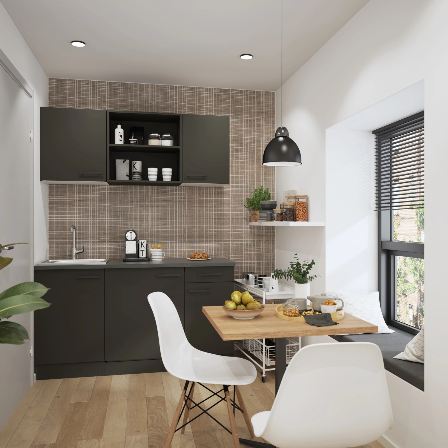 OPTIFIT Madrid420 Miniküche 150 cm in Anthrazit mit Spüle und Kühlschrank.