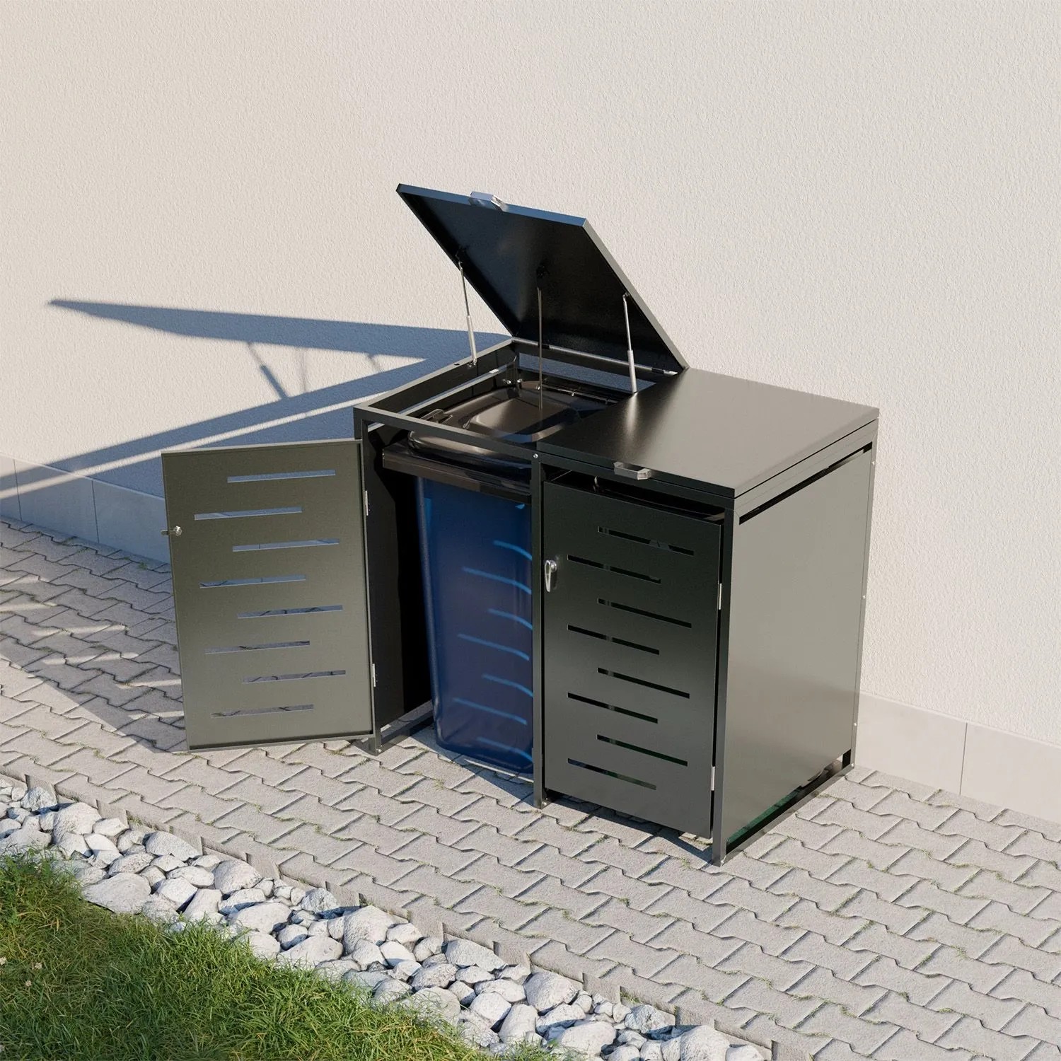Juskys Mülltonnenbox Arel für 2 Tonnen, Metall, anthrazit, mit aufklappbarem Dach und abschließbarer Tür.