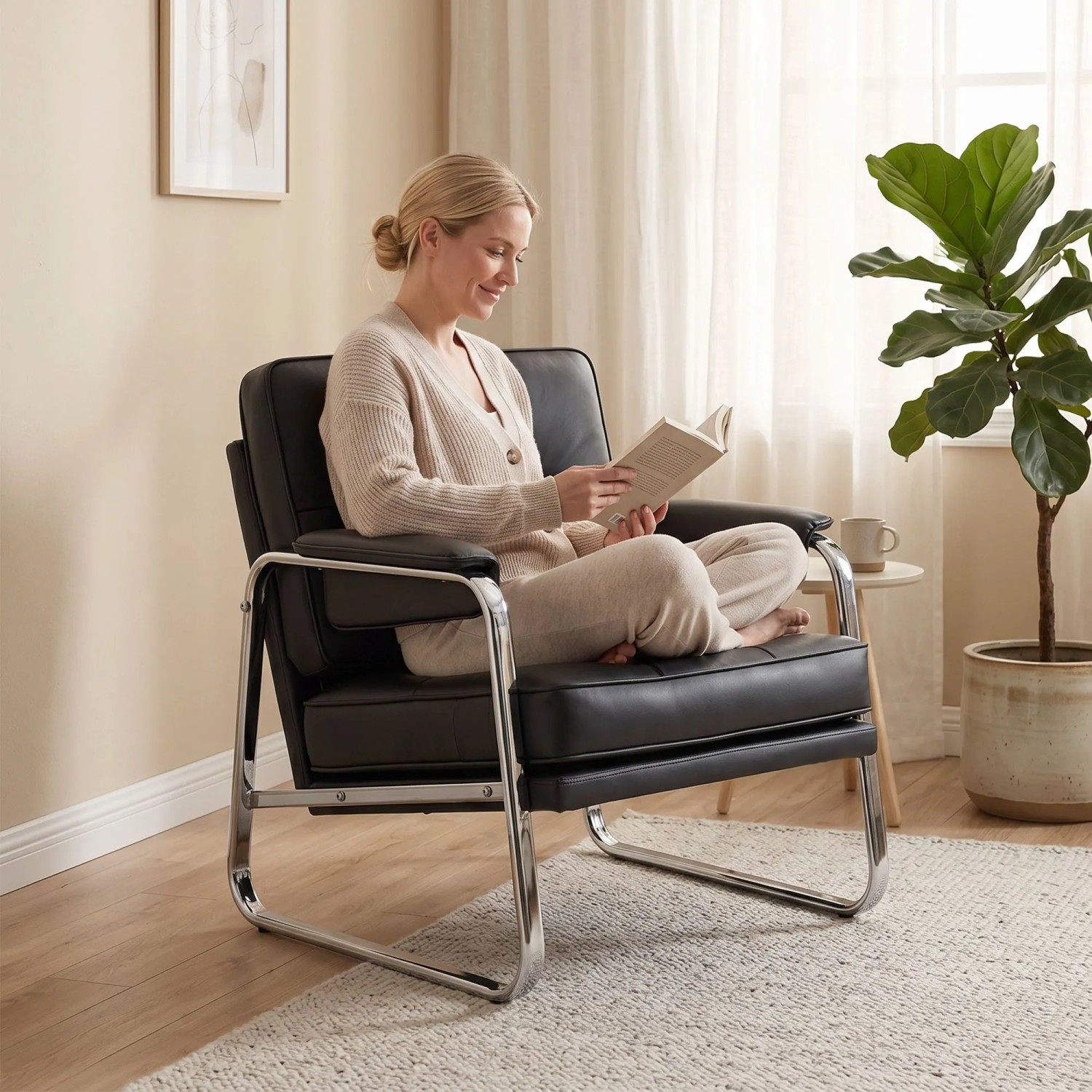 Schwarzer HOMCOM PU-Leder Sessel mit glänzendem Stahlrahmen, Frau lesend. Modernes Design für Komfort im Wohnzimmer.