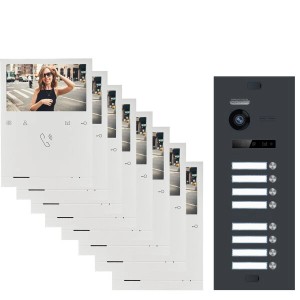 Balter Evo Video Türsprechanlage für 8 Familien, anthrazitgraue Türstation und Monitore.