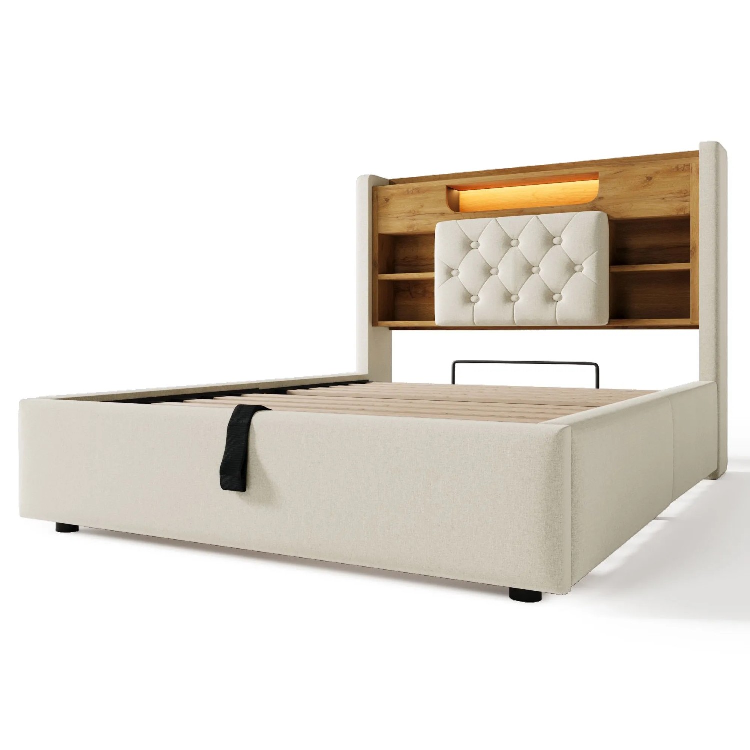 Merax Polsterbett 90x200 Hydraulik Stauraum LED USB C Beige