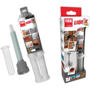 Tox Liquix SOS 2K-Reparaturkleber 25ml mit Kartusche und Verpackung. Universeller Flüssigdübel für Renovierungen.