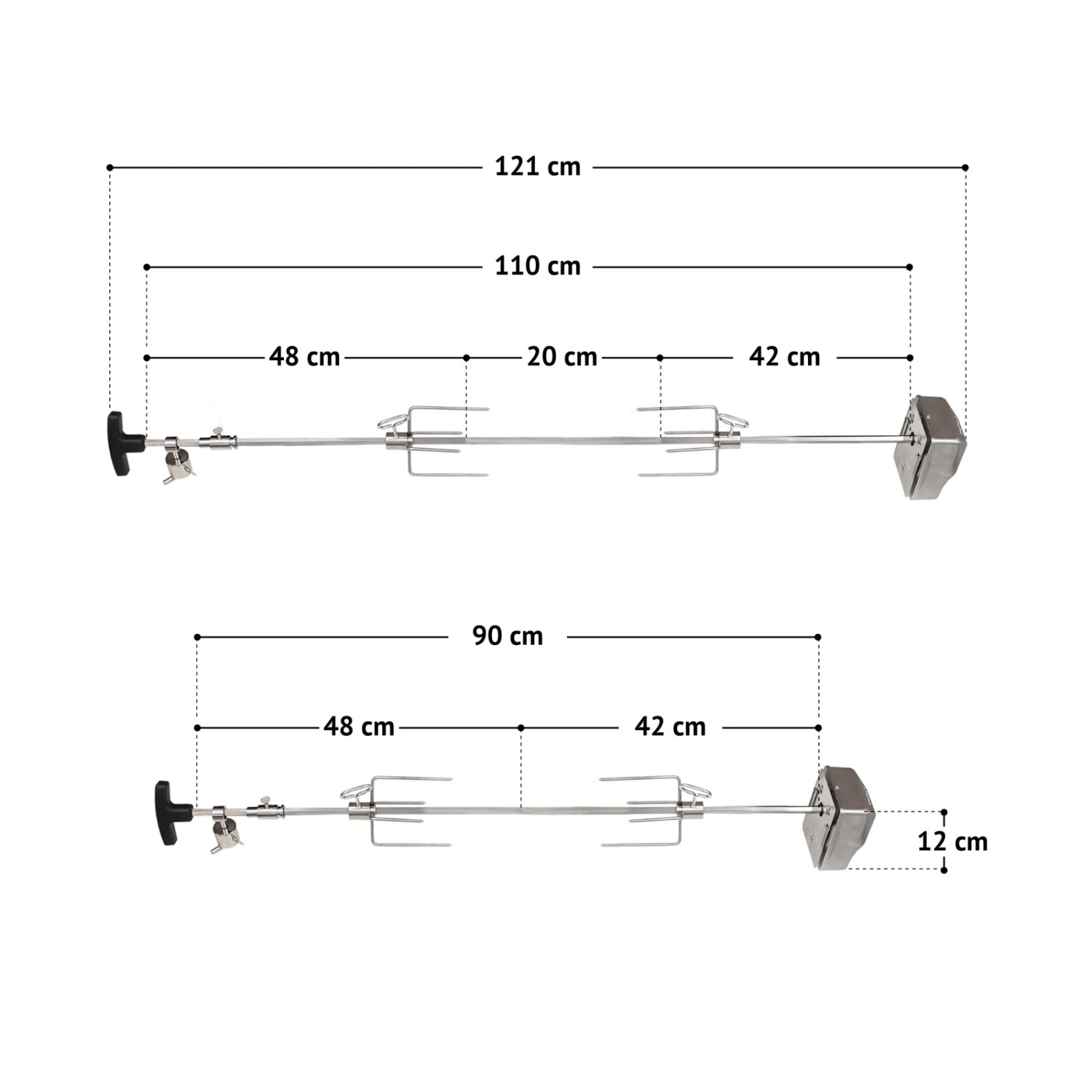 Taino Drehspieß für Gasgrill Platinum/Yamara/Black, Edelstahl, mit Maßen.