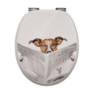 Sanitop-Wingenroth WC-Sitz mit Hunde-Motiv, der eine Zeitung liest.