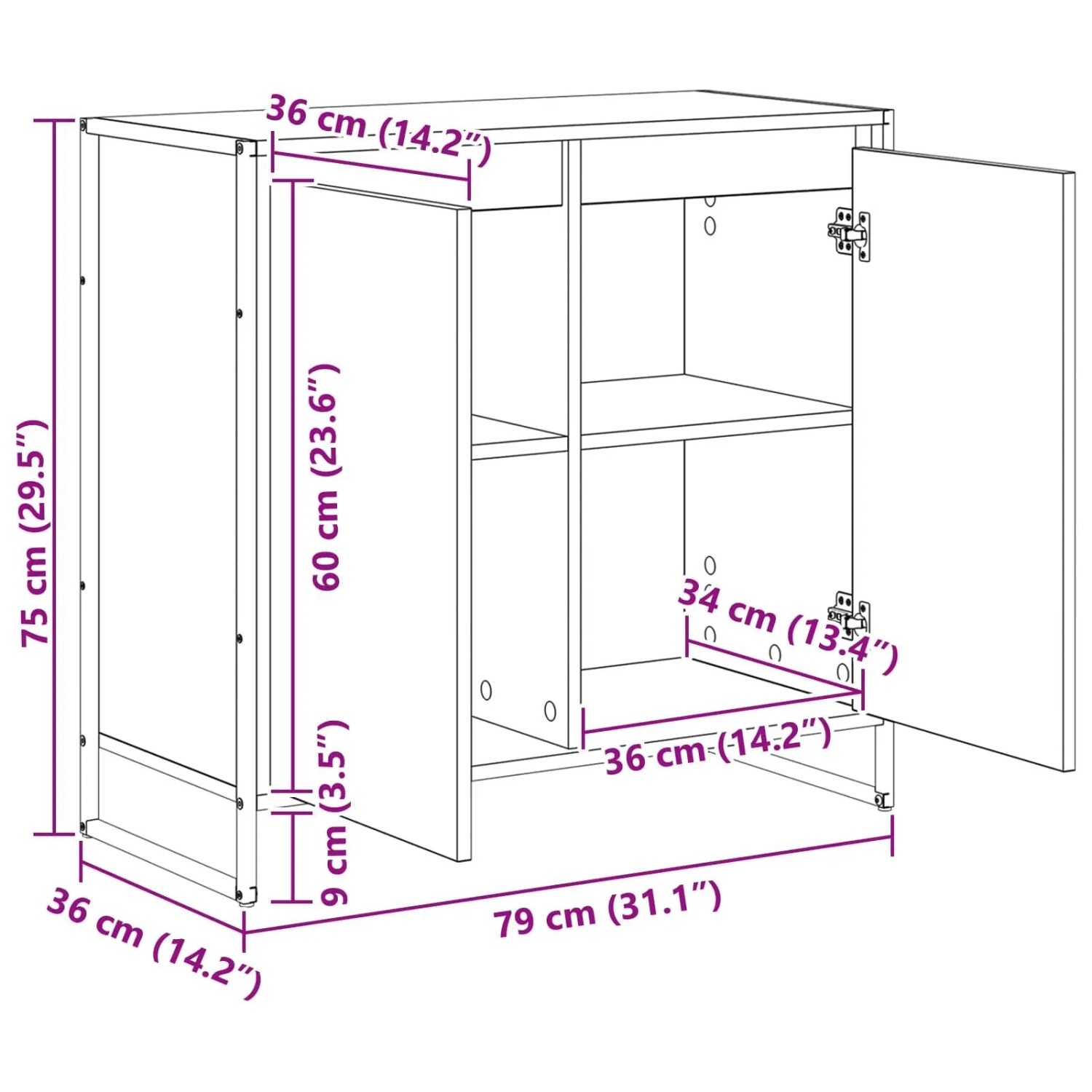vidaXL Seitenschrank Sonoma 79x36x75 cm. Geöffnete Türen zeigen Innenfächer und genaue Maße des Wohnzimmerschranks.