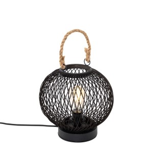 Schwarze QAZQA Tischlampe Calamus für Außenbereich mit Rattan-Optik und Seilgriff.