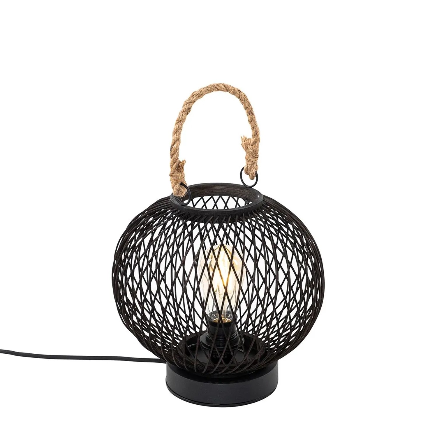 QAZQA Ländliche Tischlampe für den Außenbereich aus Schwarzem Rattan   Calamus
