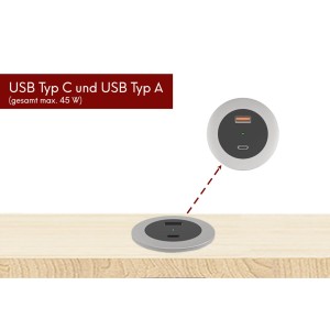 Kalb USB Einbausteckdose mit USB-C und USB-A (45W) für Möbelmontage.