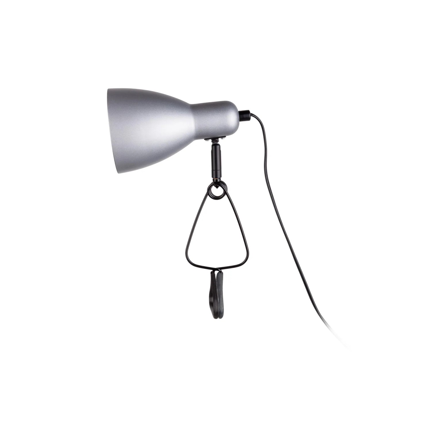 Silberne Näve Klemmleuchte Mara, 28 cm hoch, mit Metallklemme und schwarzem Kabel.