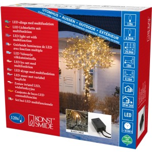 Verpackung der Konstsmide Micro LED Lichterkette mit 120 bernsteinfarbenen LEDs für innen und außen.