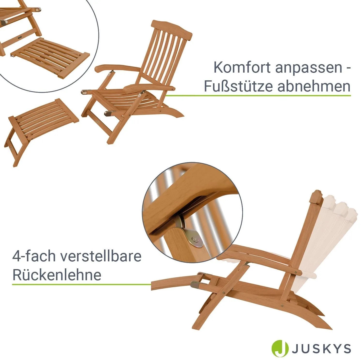 Juskys Sonnenliege Evia aus Akazienholz mit verstellbarer Rückenlehne und Fußstütze.