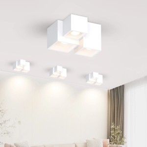 Weiße, eckige ZMH Deckenleuchte mit 3 GU10 Aufbaustrahlern aus Gips. Modernes Design für Wohnräume.