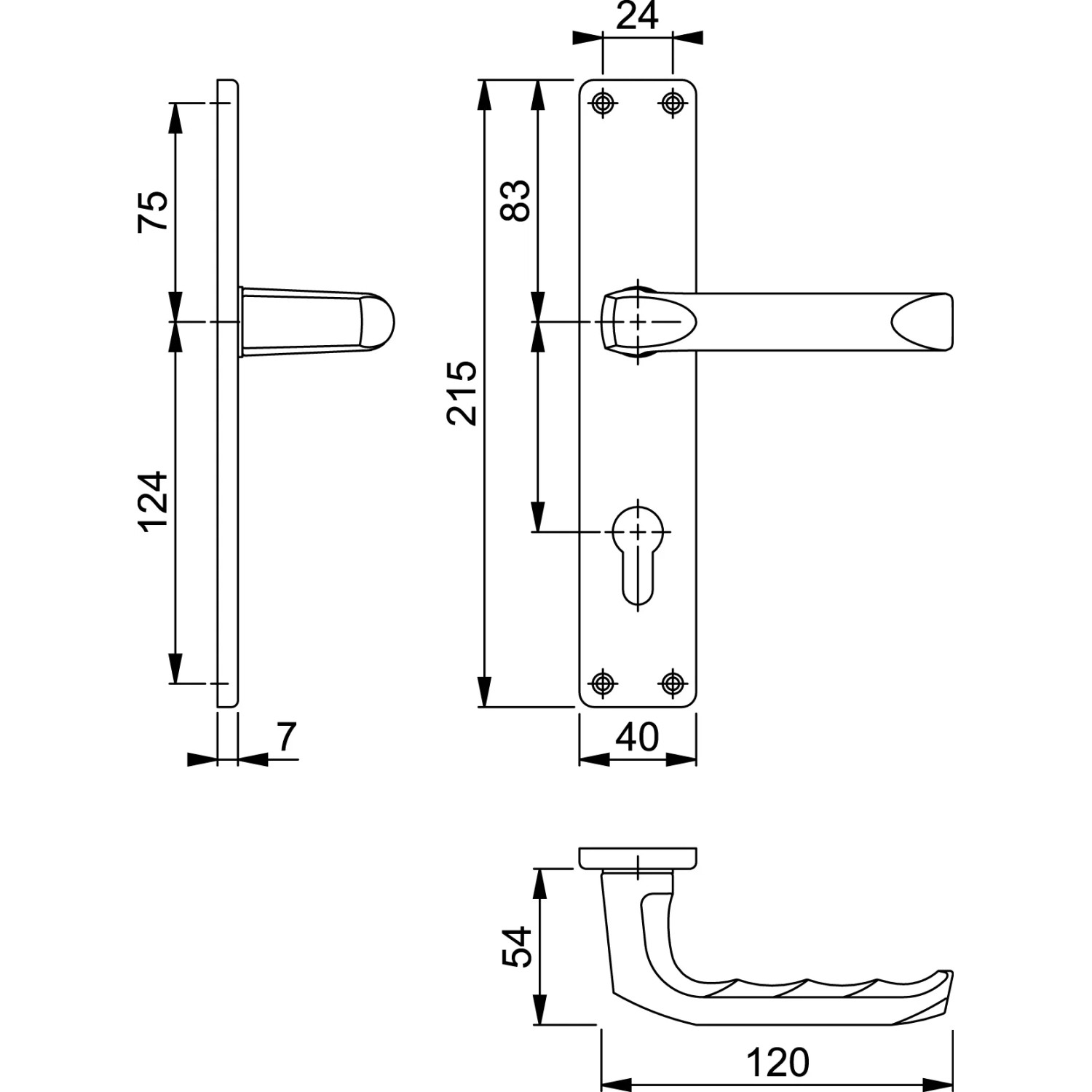 Technische Zeichnung: Hoppe Schild-Garnitur London Alu eloxiert PZ-72, Maße und Details für Türbeschläge.