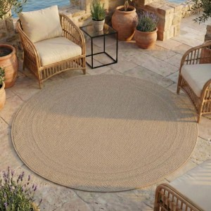 Runder, beiger Outdoor-Teppich (Ø 120 cm) von Ayyildiz, Modell Desert 1304.