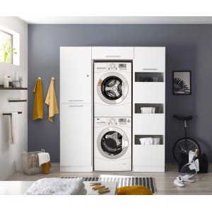 Respekta Hauswirtschaftsraum Set Clara, weiß matt, mit Waschmaschinenschrank, Hochschrank und Wäscheschrank.