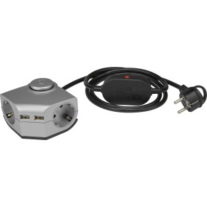 Winkeltischsteckdose mit 2 Steckdosen, 2 USB-Ports, Schalter und 1,5m Kabel.