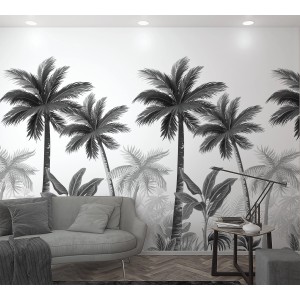 Marburg Vliestapete Floral Palme, schwarz-weiß, 270x159cm, als Dekoration im Wohnraum.