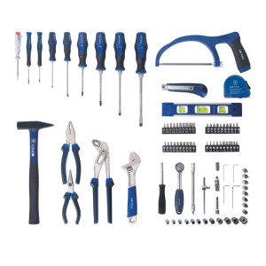 LUX-TOOLS Werkzeugkoffer 89-teilig: Schraubendreher, Zangen, Hammer, Ratsche und weitere Handwerkzeuge in Blau/Schwarz.