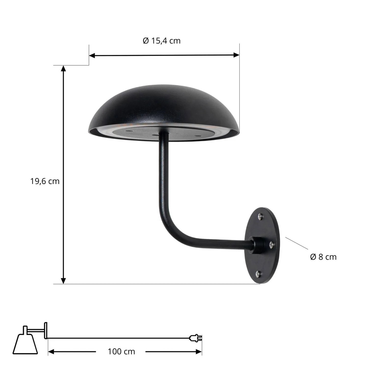 Schwarze Arcchio LED-Tischleuchte Thenra, dimmbar, aus Metall, 1-flammig, mit Maßangaben.