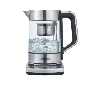 Severin Glas-Wasserkocher WK 3422 mit Teesieb, kochendem Wasser, Edelstahl und schwarzem Griff.