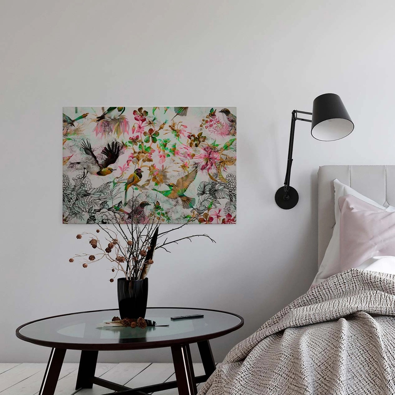 Bricoflor Buntes Leinwandbild Mit Vögeln Blumen Bild Im Grafischen Stil Für Schlafzimmer Und Wohnzimmer Vogel Wandbild A