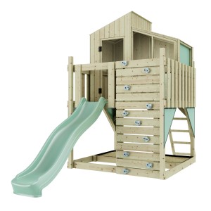 OutdoorToys Stelzenhaus Komet Mintgrün mit Rutsche und Kletterwand.