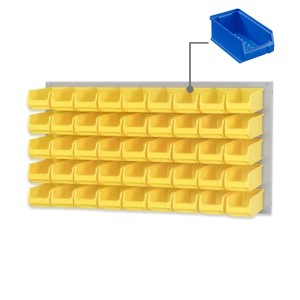 PROREGAL Trägersystem mit grauer Platte und 45 blauen Sichtlagerboxen. Aufbewahrungssystem für Werkstatt, Lager, Keller oder Garage.