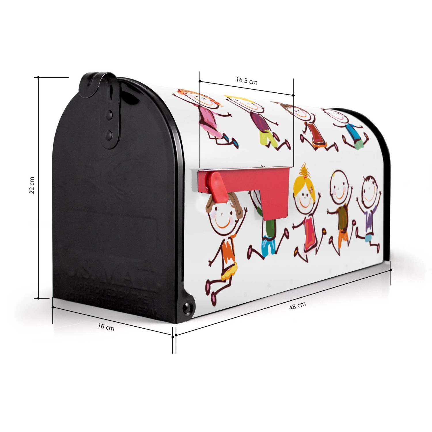 Schwarzer Banjado US Briefkasten mit Motiv Happy Kids, 48x22x16cm, aus pulverbeschichtetem Stahl.