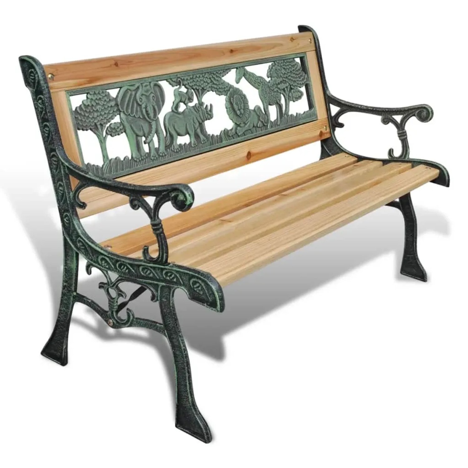 Holz Gartenbank für Kinder, 84 cm breit, mit Tiermotiven auf der Rückenlehne.