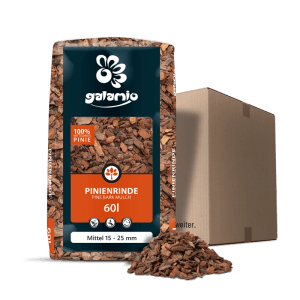 Galamio Pinien Rindenmulch 60l, mittlere Körnung 15-25mm, rotbraun, in Verpackung mit losem Mulch davor. Ideal für Garten.